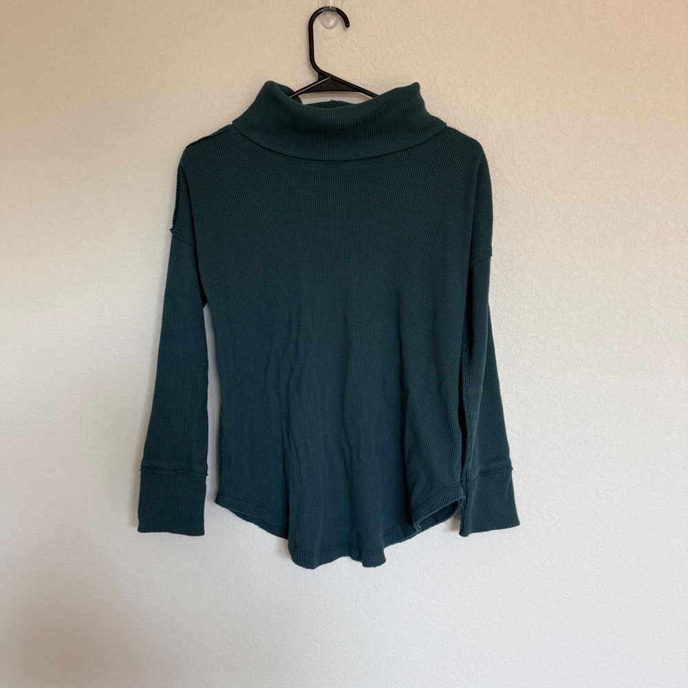 Maeve Anthropologie Womens Teal Green Waffle Knit Turtleneck Thermal Top SP